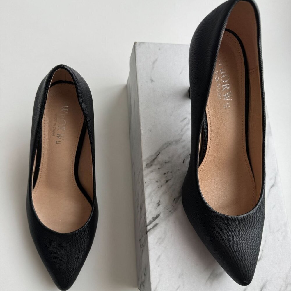 Women Black Pointed Toe Heels Pumps For Classic Faux Leather Comfortable Shoes - Picture 6 of 9